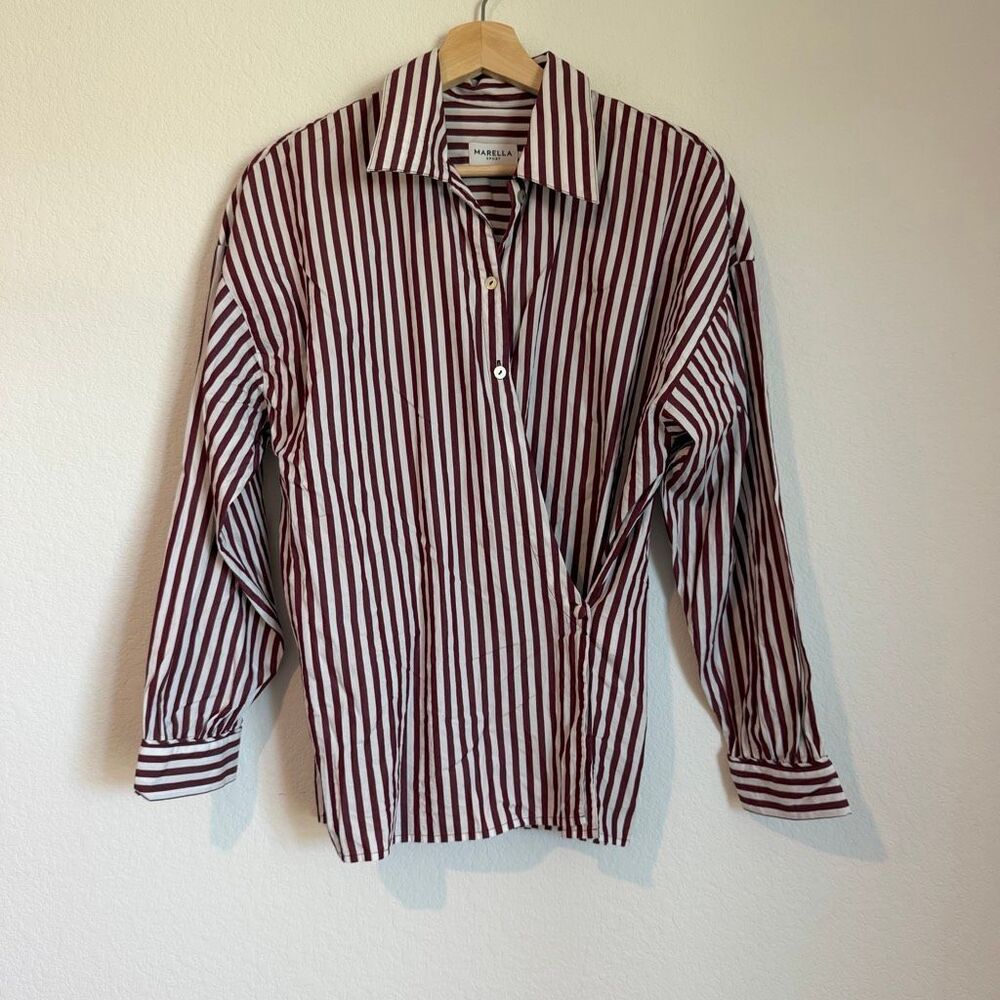 Marella Sport Maroon Red Striped Long Sleeve Button Down Wrap Top Women's Size 4